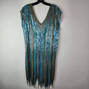 Vintage Blue Silver Heavy Sequin Cocktail Party Gatsby Sharkbite Hem Dress NYE